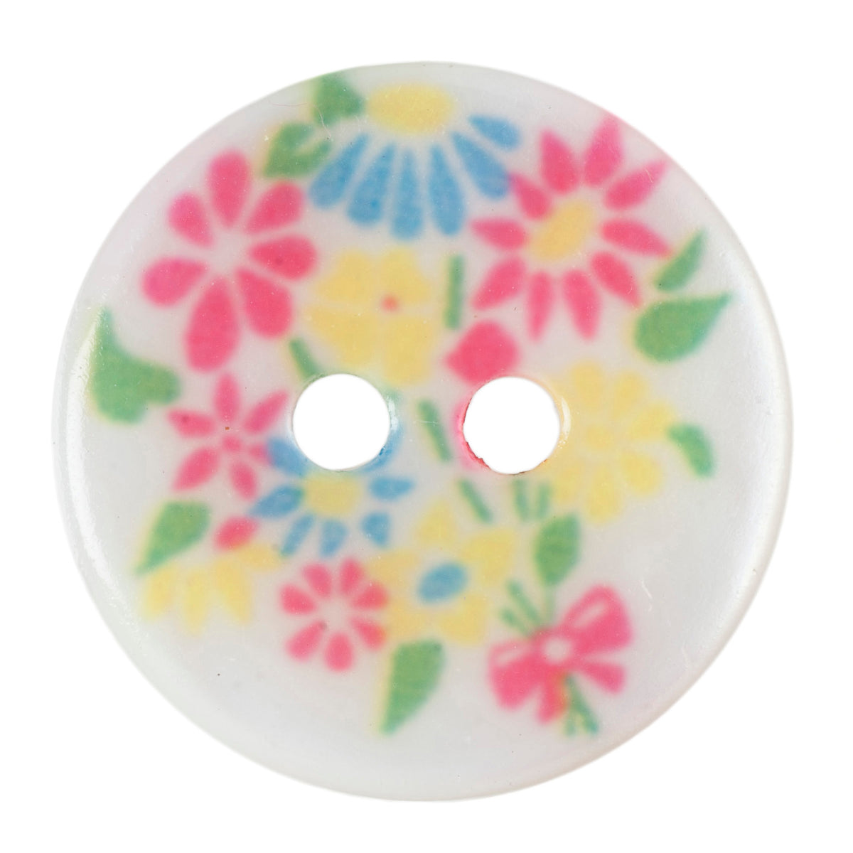 Pearly white 2-hole buttons printed with pink, yellow and blue flowers
