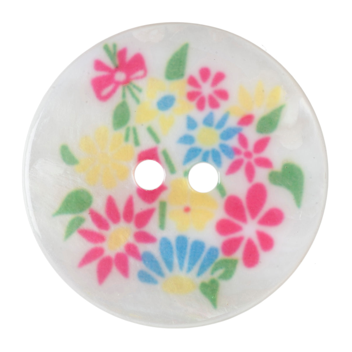 Pearly white 2-hole buttons printed with pink, yellow and blue flowers