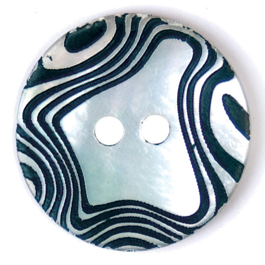 Pearlescent button with black swirl pattern and two holes