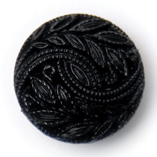 Black domed button with embossed leaf pattern