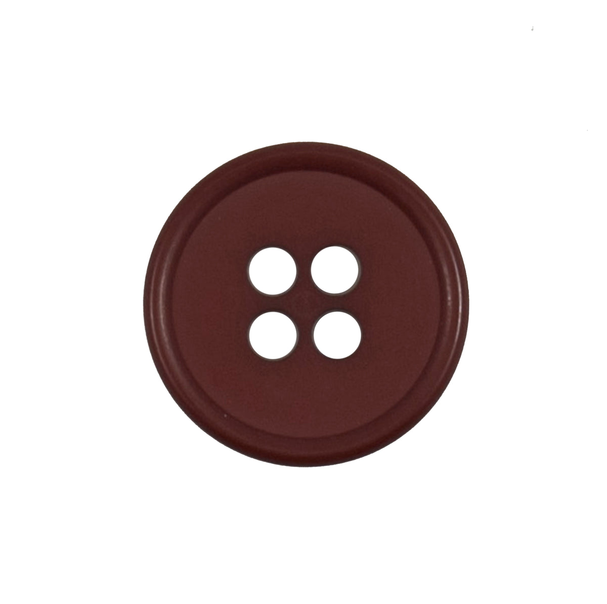 Burgundy round button with four holes and a raised rim, 17mm