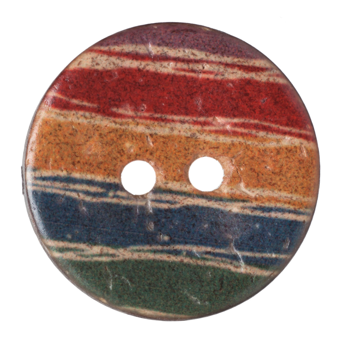 Round two-hole button with red, orange, blue and green stripes, 20mm