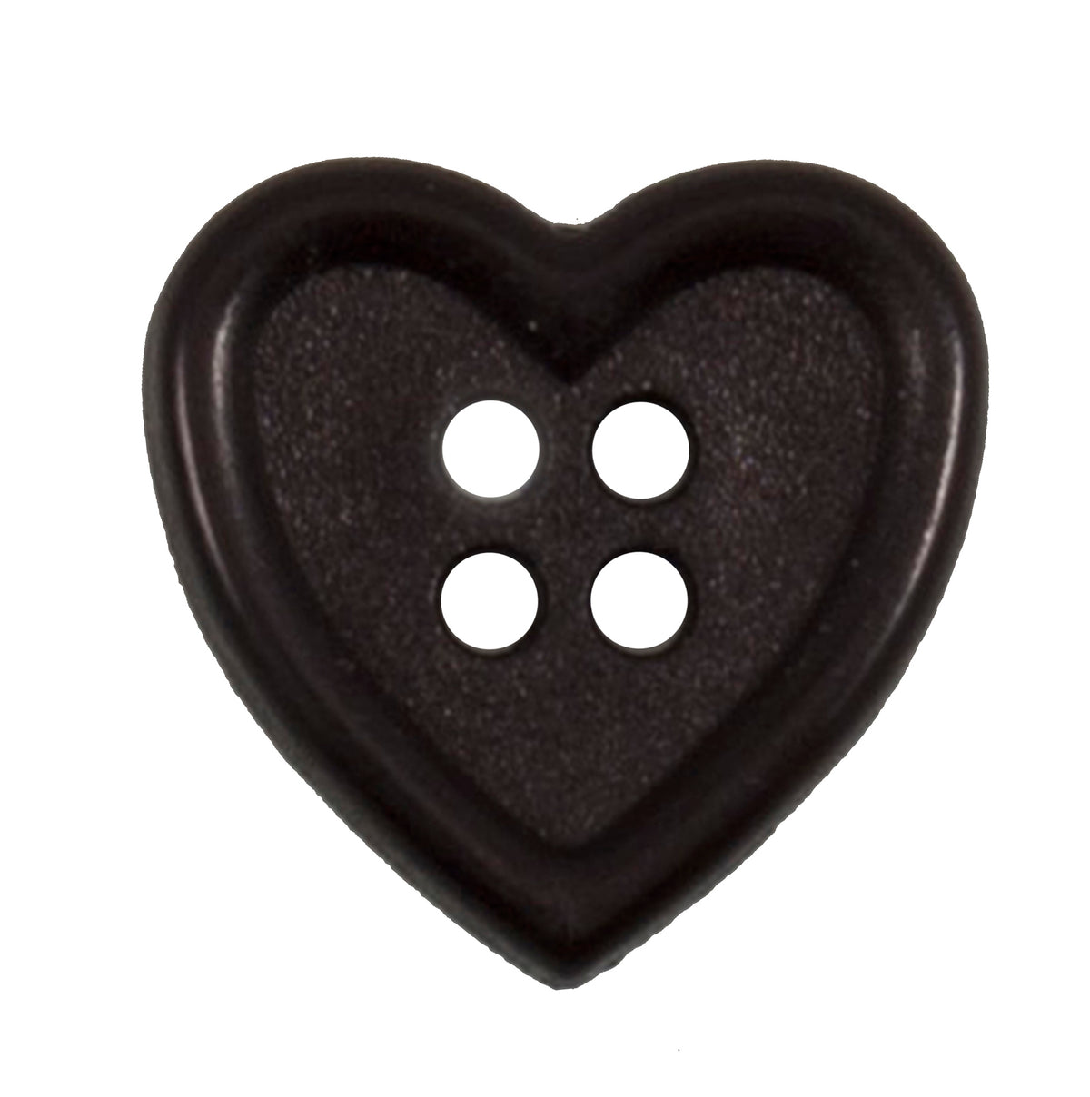 Dark brown heart-shaped button with four holes and a raised rim, 15mm