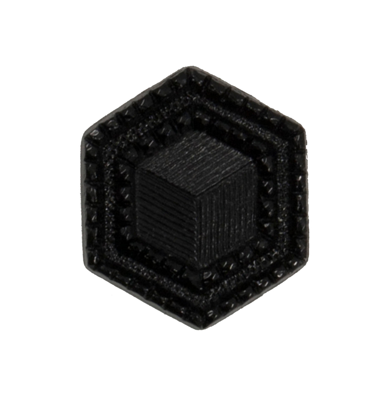 Black hexagon-shaped shank button with a textured cube design, 20mm