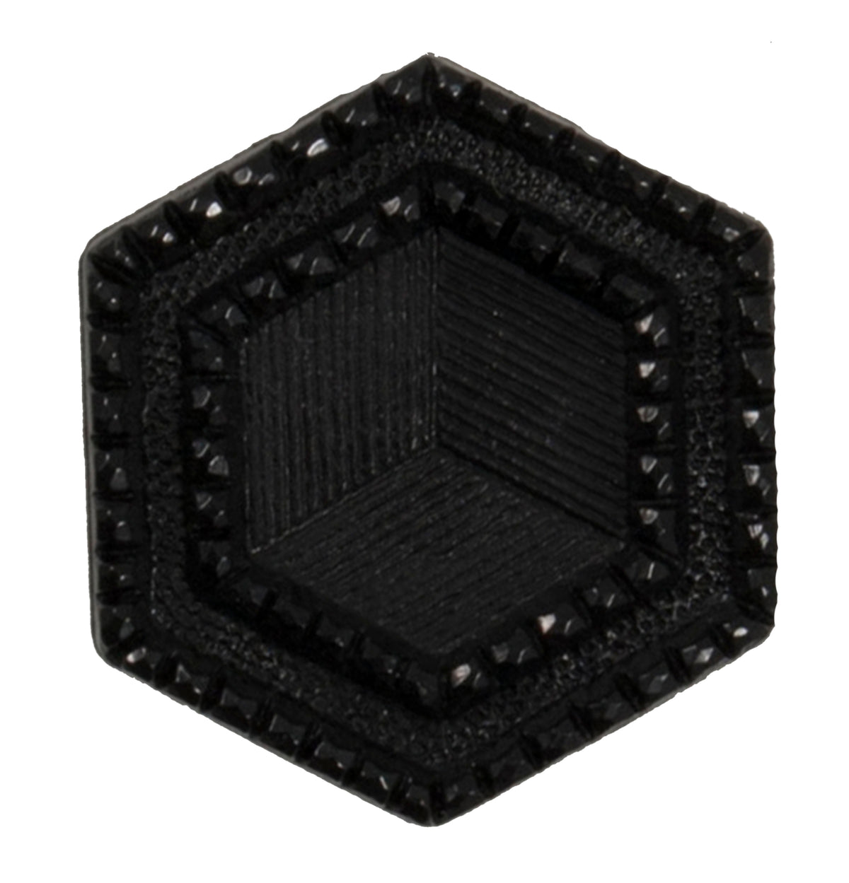 Black hexagon-shaped shank button with a textured cube design, 25mm