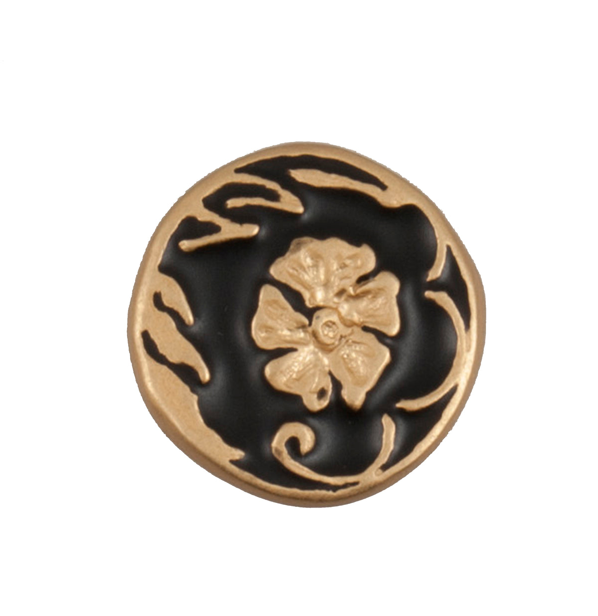 Black round shank button with a raised gold flower design, 20mm