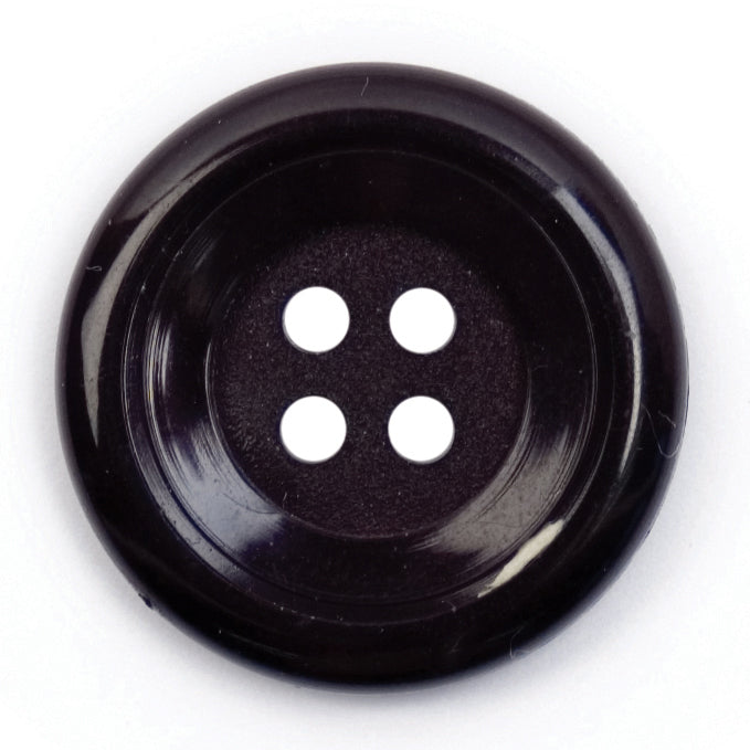 Glossy black round button with four holes and a raised rim, 22mm