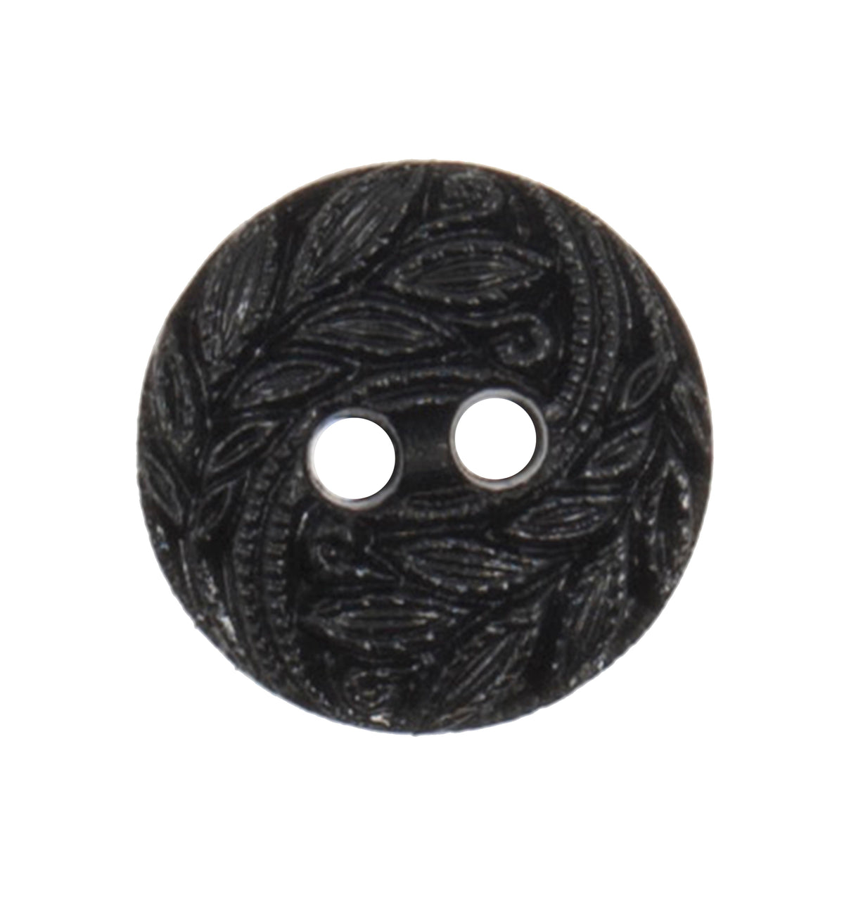 Black round two-hole button with an embossed leaf pattern, 15mm