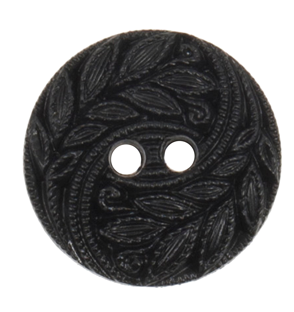 Black round two-hole button with an embossed leaf pattern, 20mm