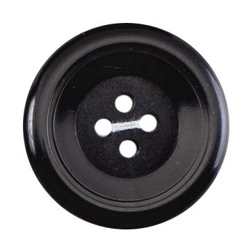 Glossy black round button with four holes and a raised rim, 25mm