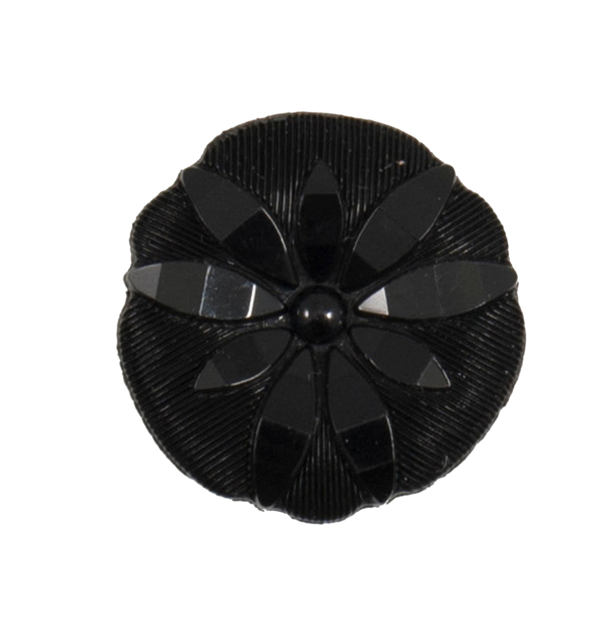 Black shank button with a faceted flower design, 20mm