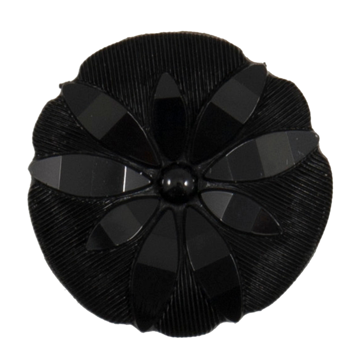 Black shank button with a faceted flower design, 25mm