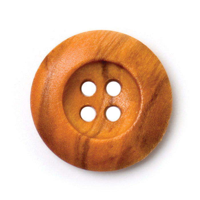 Light brown wood-grain four-hole button with a recessed centre