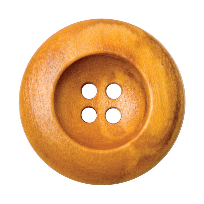 Golden brown wood-grain four-hole button with a rounded rim