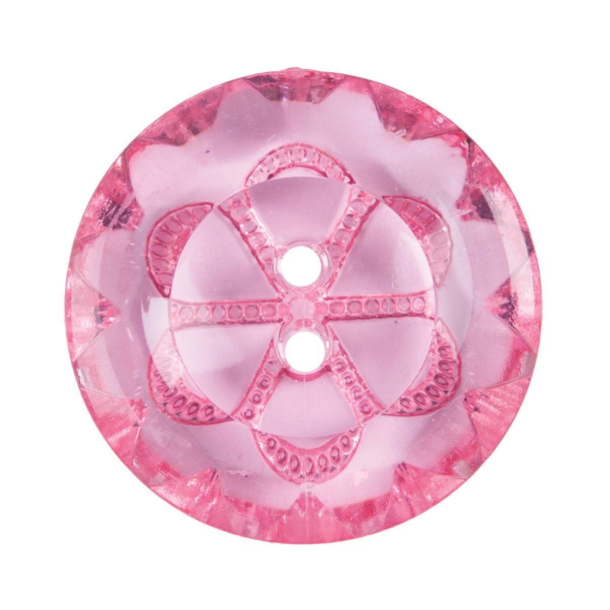 Translucent pink button with a faceted edge and a flower design
