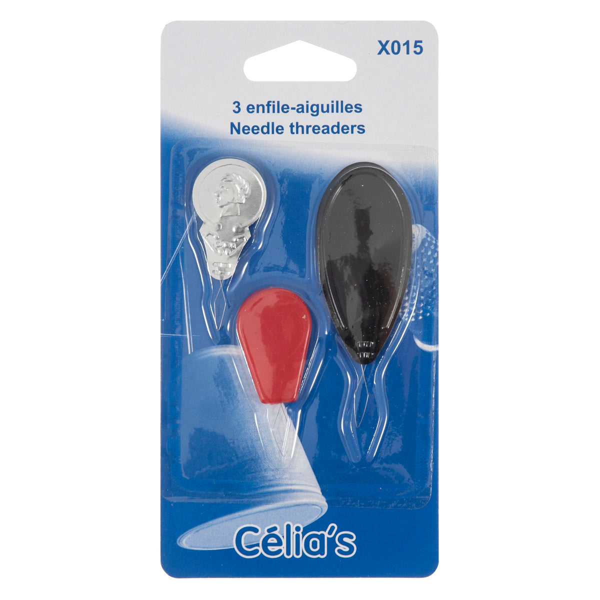 Three wire needle threaders with silver, red and black handles
