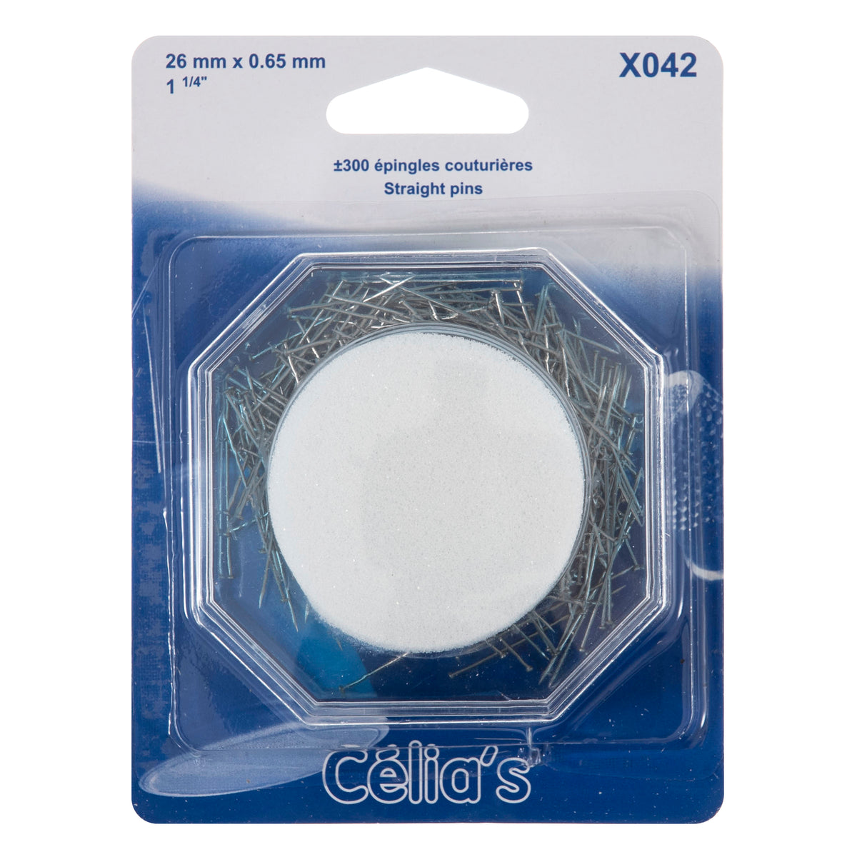 Octagonal tub of straight pins on blue card