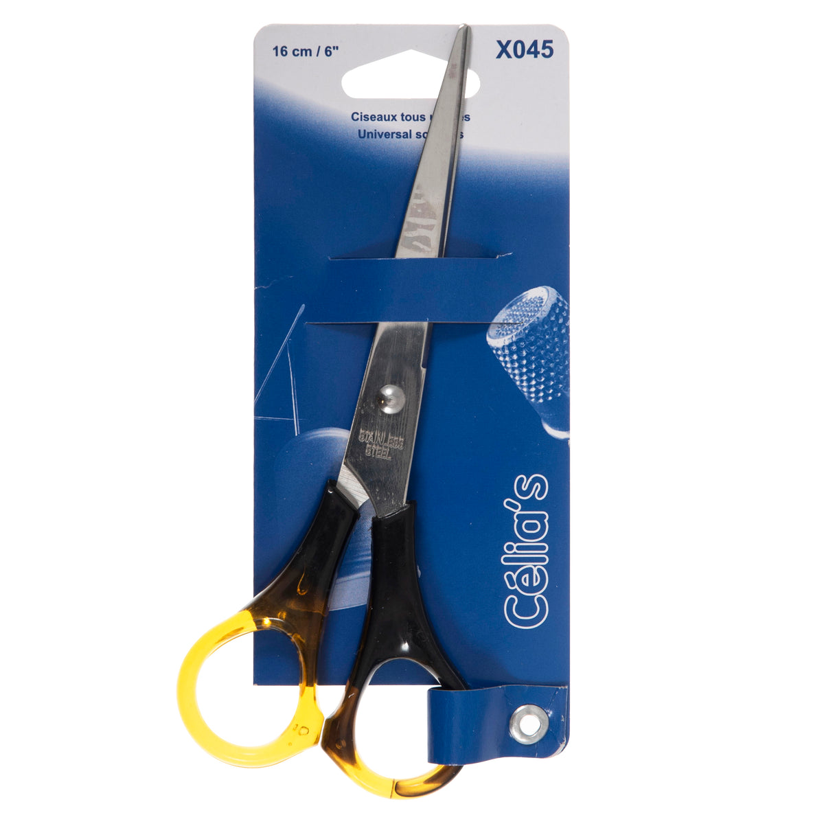 16cm scissors with yellow and black handles on blue card