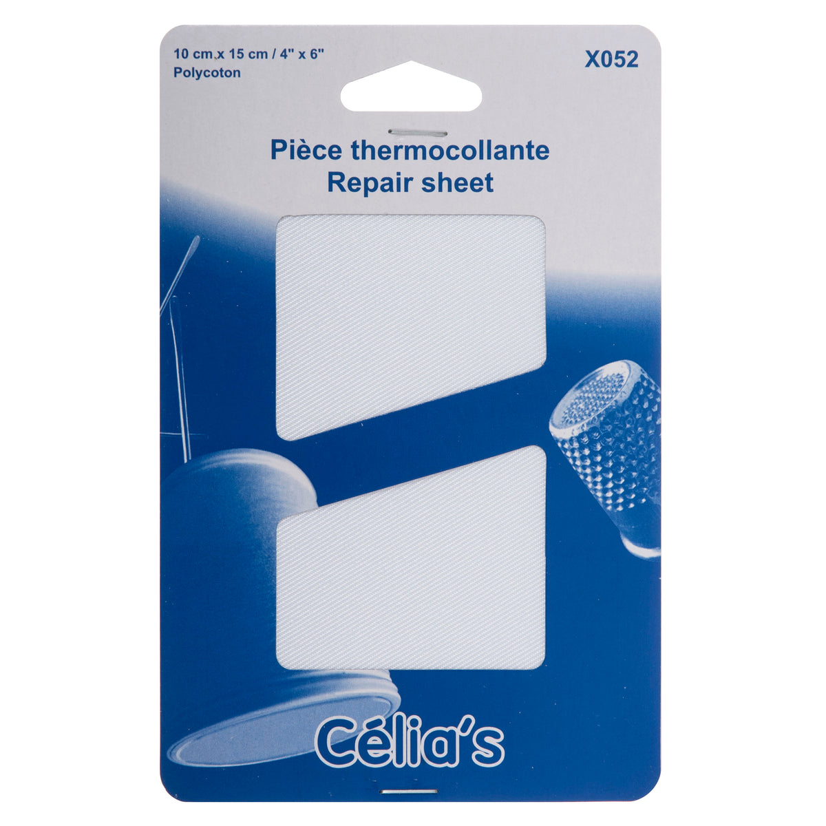 White iron-on repair sheet on blue Celia's card