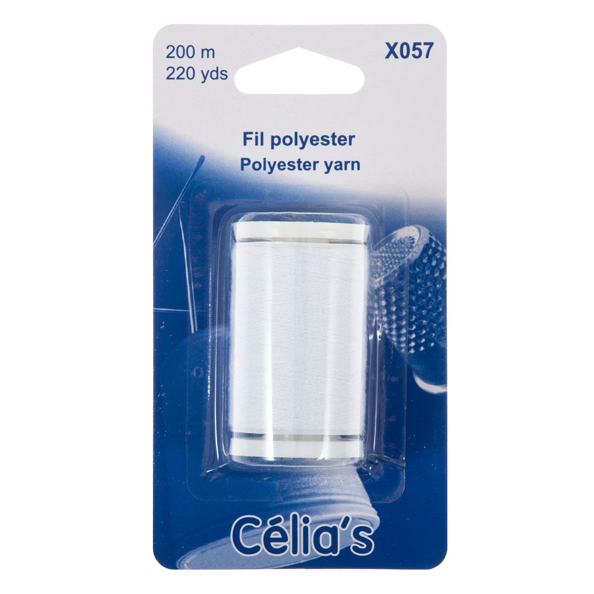 Reel of white polyester thread on blue card