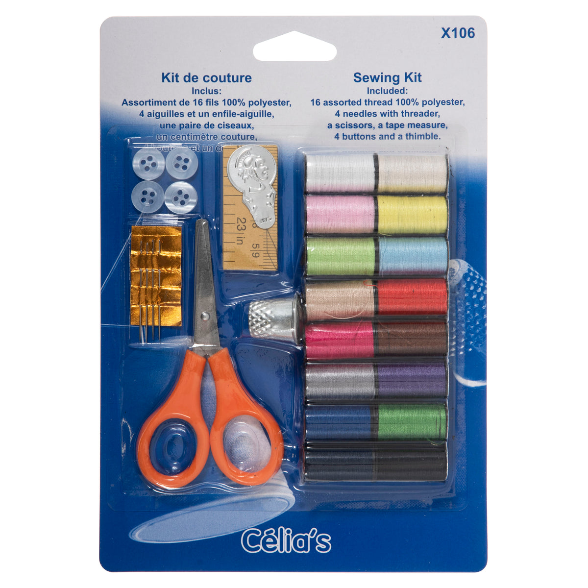 Sewing kit card with coloured thread spools, orange scissors, thimble and tape measure