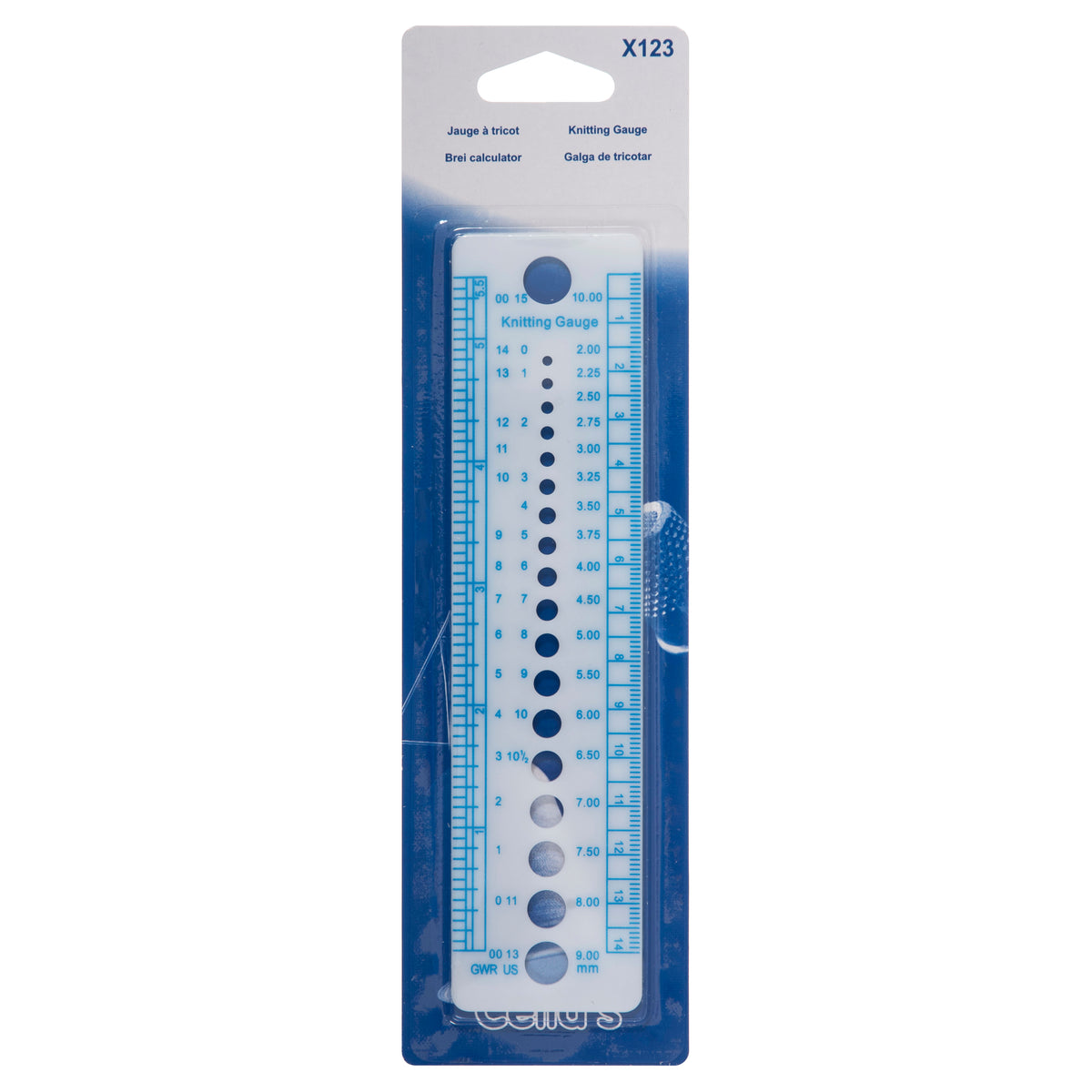 Blue plastic knitting needle gauge with sizing holes and ruler
