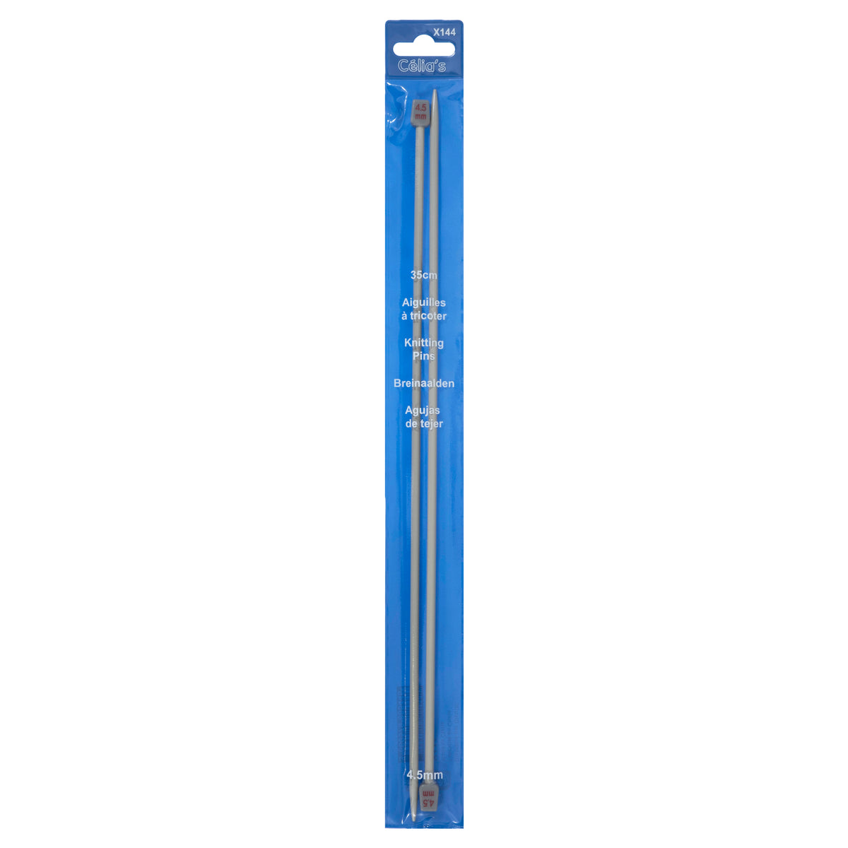 Pair of 4.5mm straight knitting needles in a blue pack