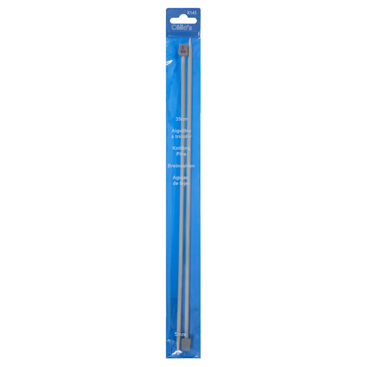 Pair of 5mm straight knitting needles in a blue pack