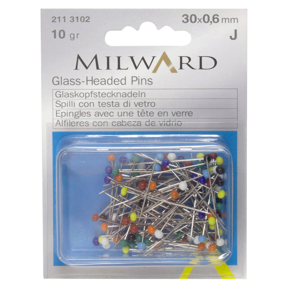 Box of assorted colours glass-headed pins