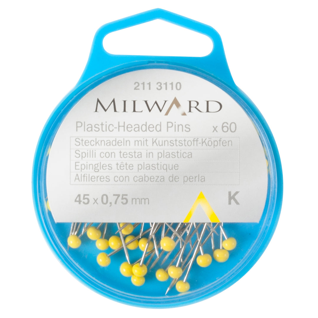 Box of yellow plastic-headed pins