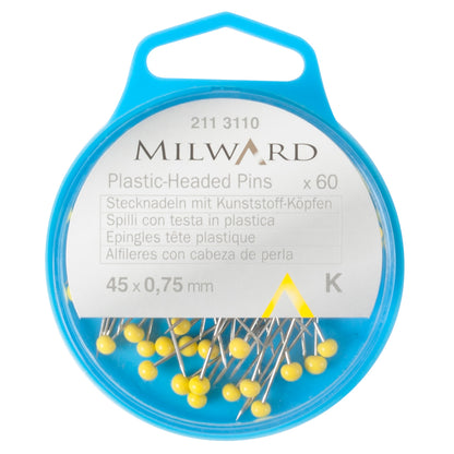 Box of yellow plastic-headed pins