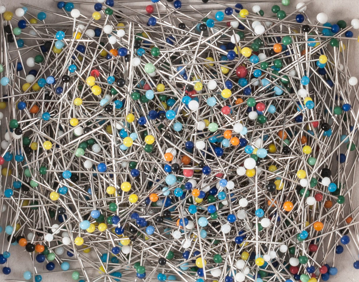 Box of assorted colours glass-headed pins