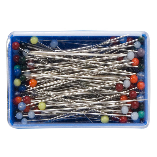 Box of assorted colours glass-headed pins