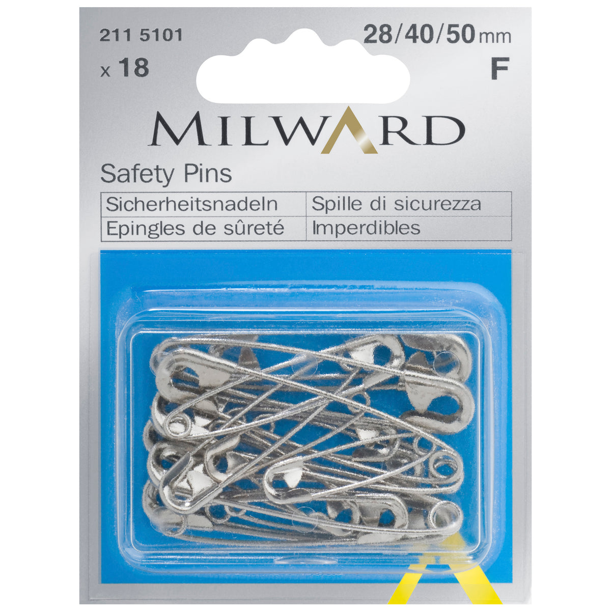 Milward assorted silver safety pins in plastic box