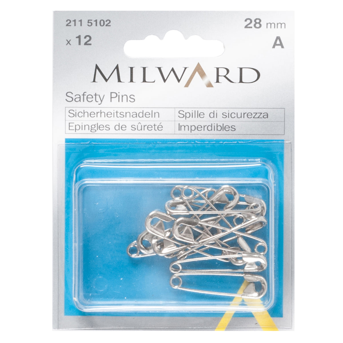 Milward 28mm silver safety pins in plastic box
