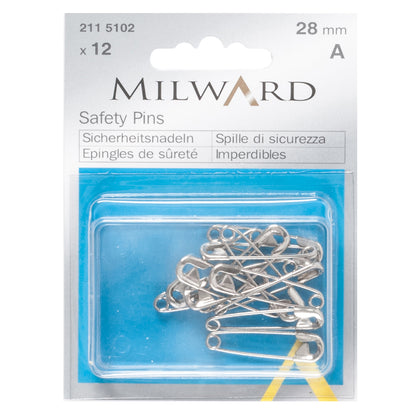 Milward 28mm silver safety pins in plastic box