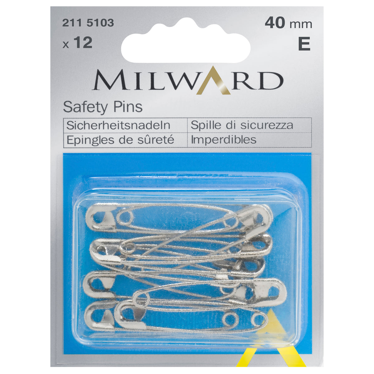 Milward 40mm silver safety pins in plastic box