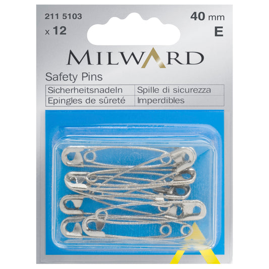 Milward 40mm silver safety pins in plastic box