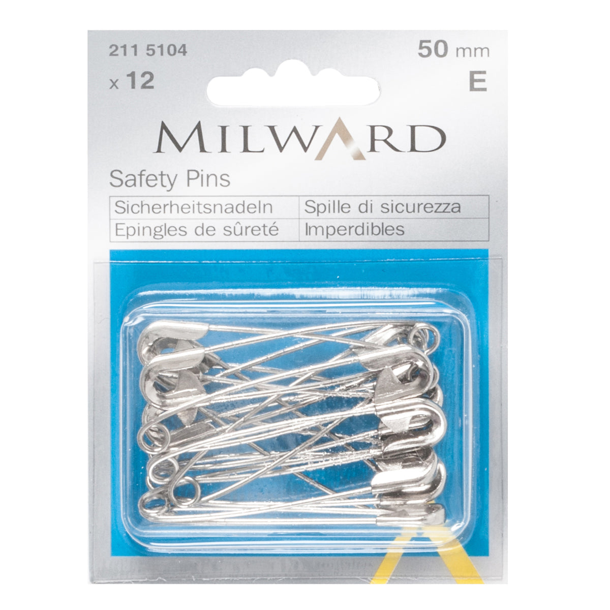 Milward 50mm silver safety pins in plastic box