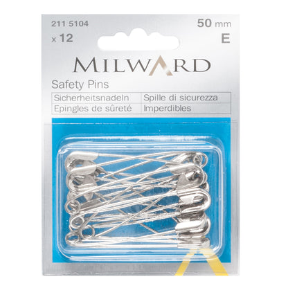 Milward 50mm silver safety pins in plastic box