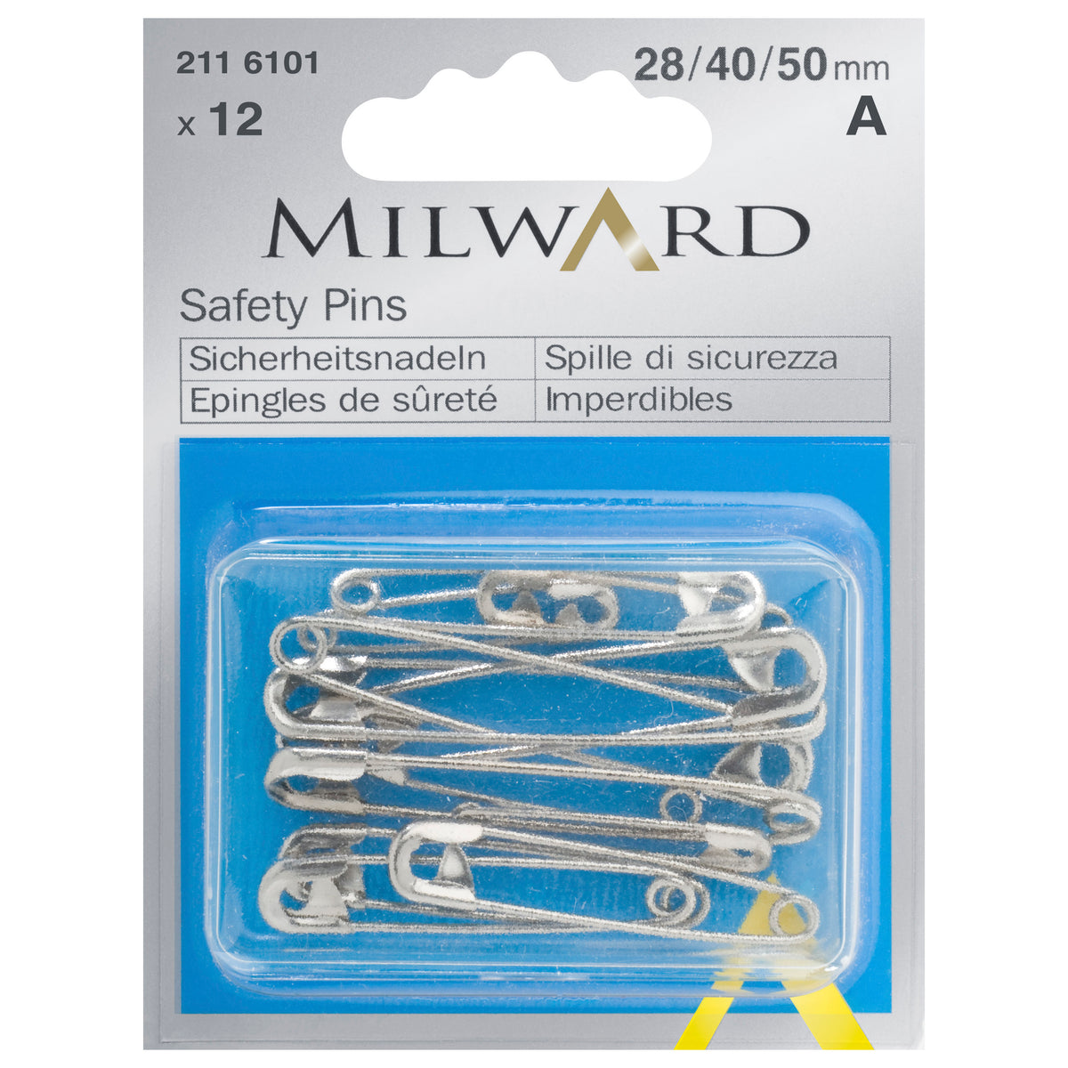 Box of silver safety pins, assorted sizes