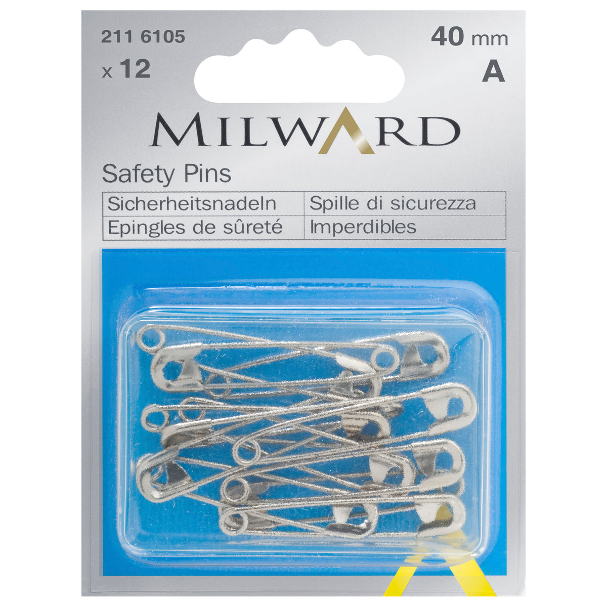 Box of silver safety pins, 40mm