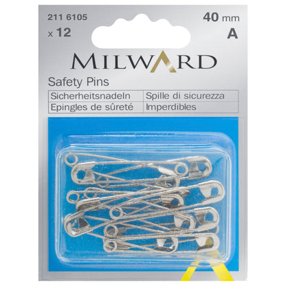Box of silver safety pins, 40mm