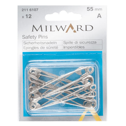 Box of silver safety pins, 55mm