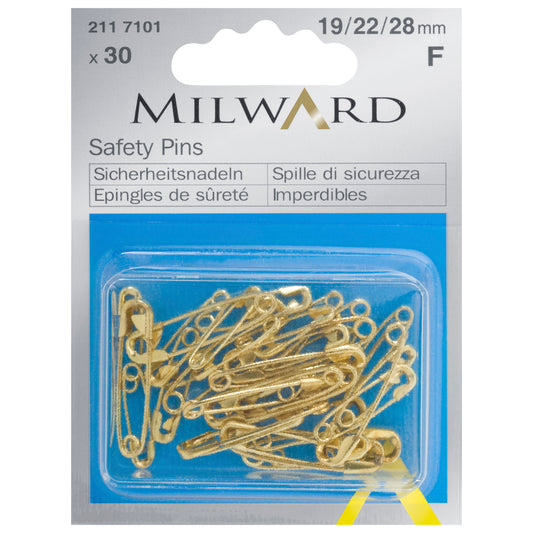 Box of gold Milward safety pins in three sizes