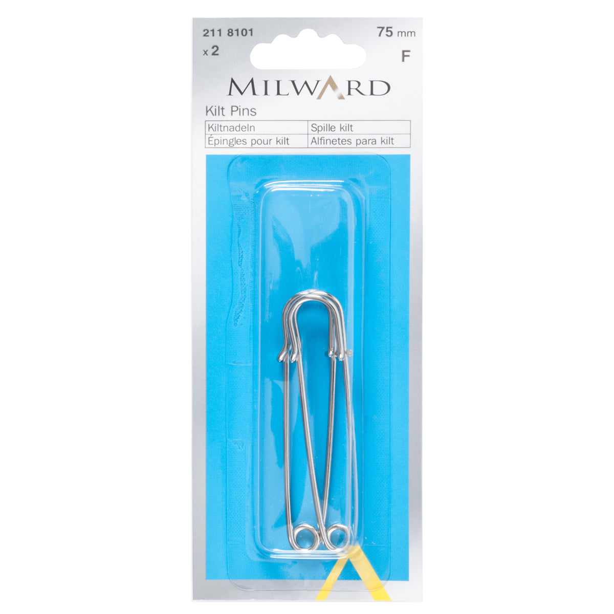 Two silver 75mm Milward kilt pins in packaging