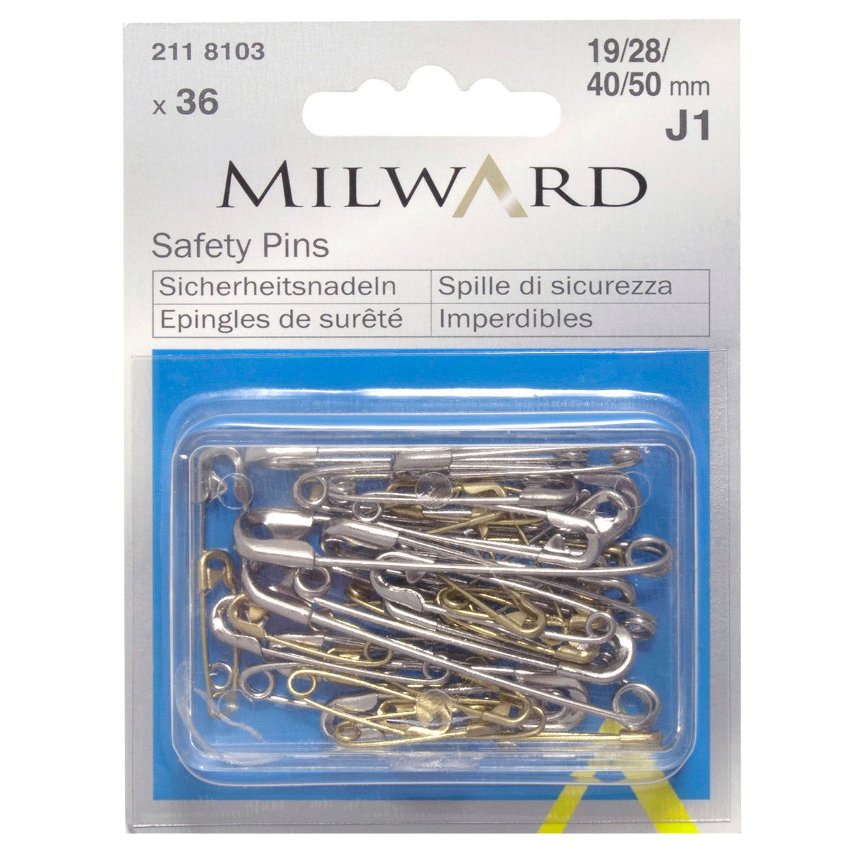 Plastic box of assorted gold and silver Milward safety pins
