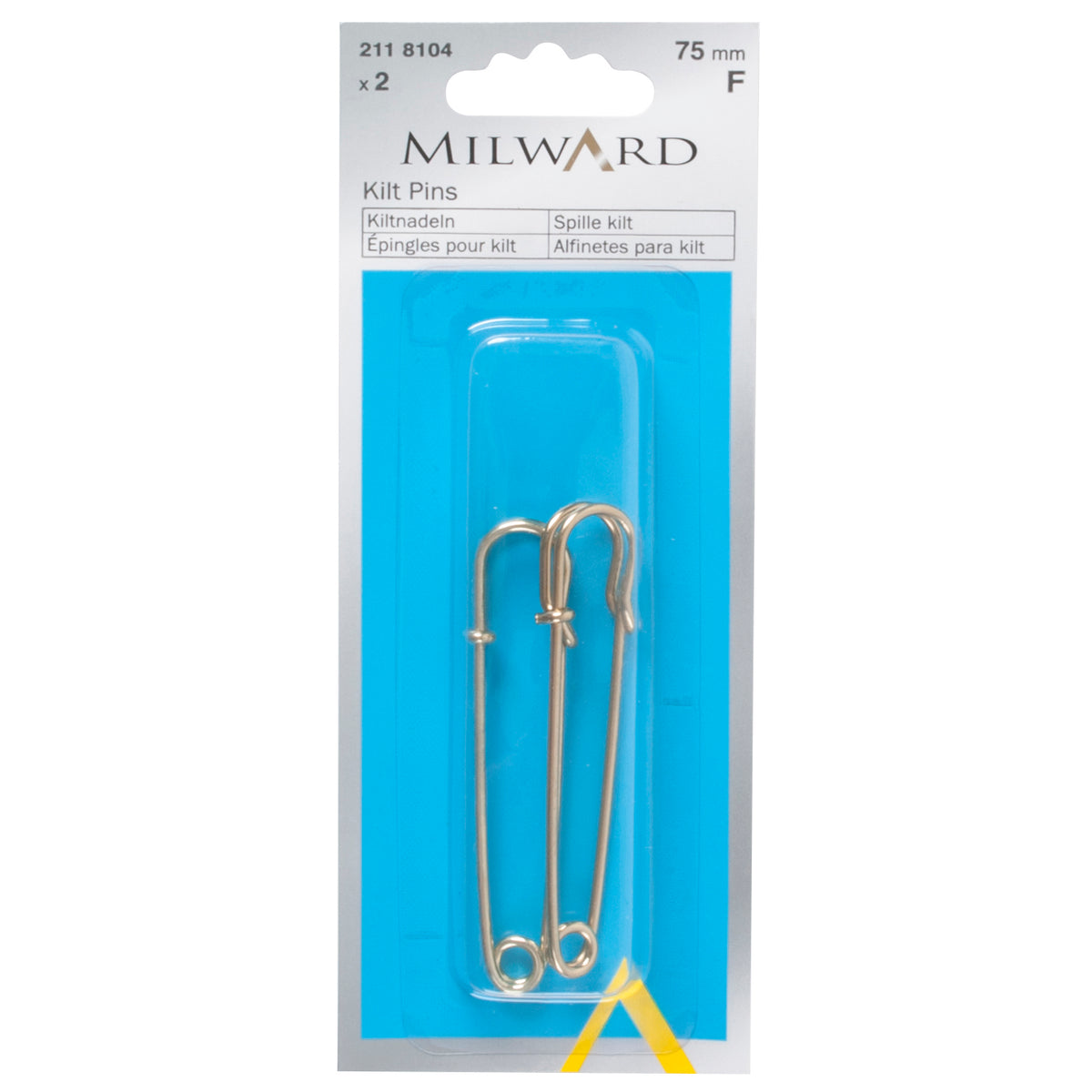 Two gold 75mm Milward kilt pins in packaging