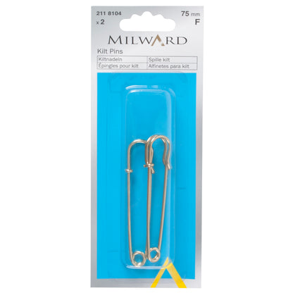 Two gold 75mm Milward kilt pins in packaging