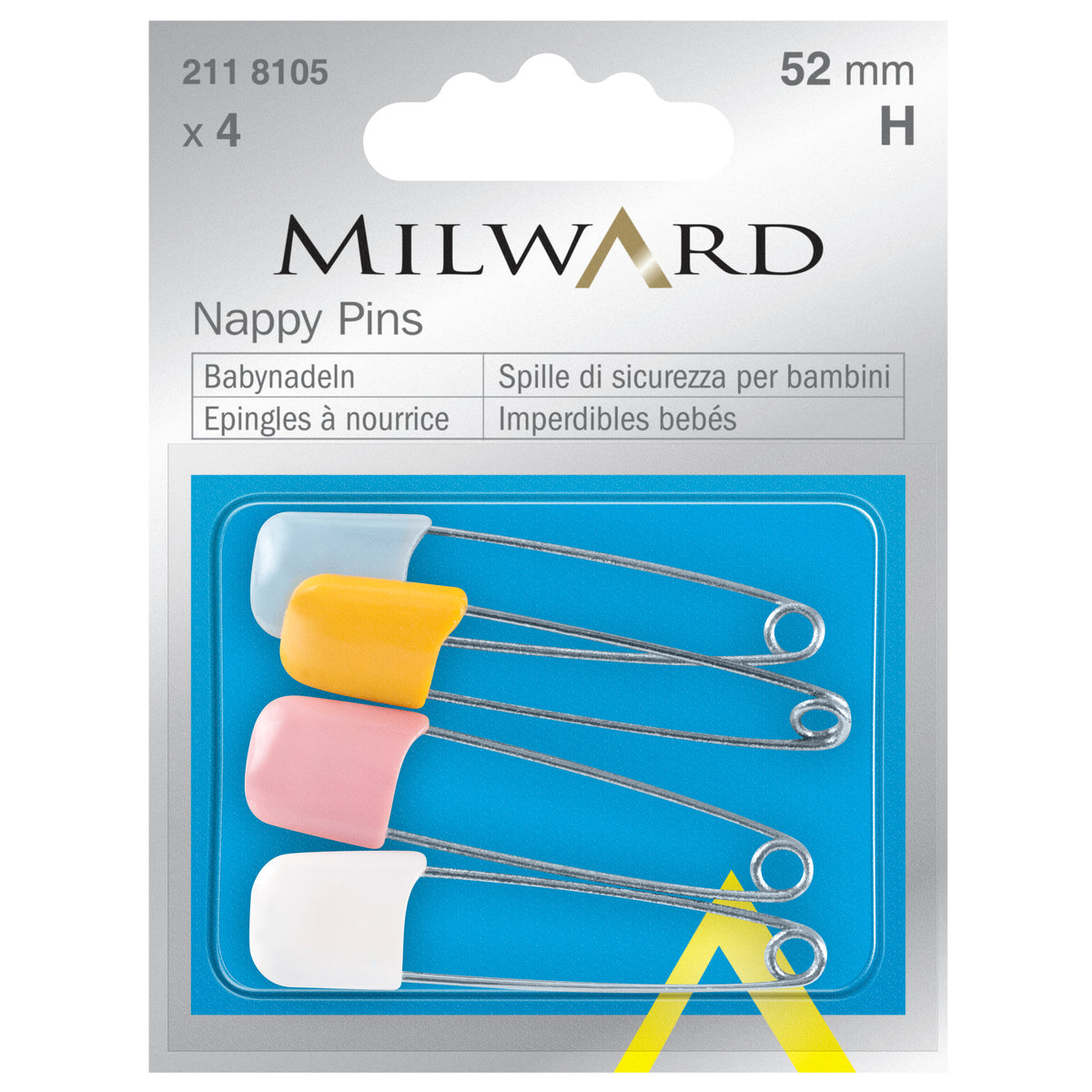 Four Milward nappy pins in assorted colours